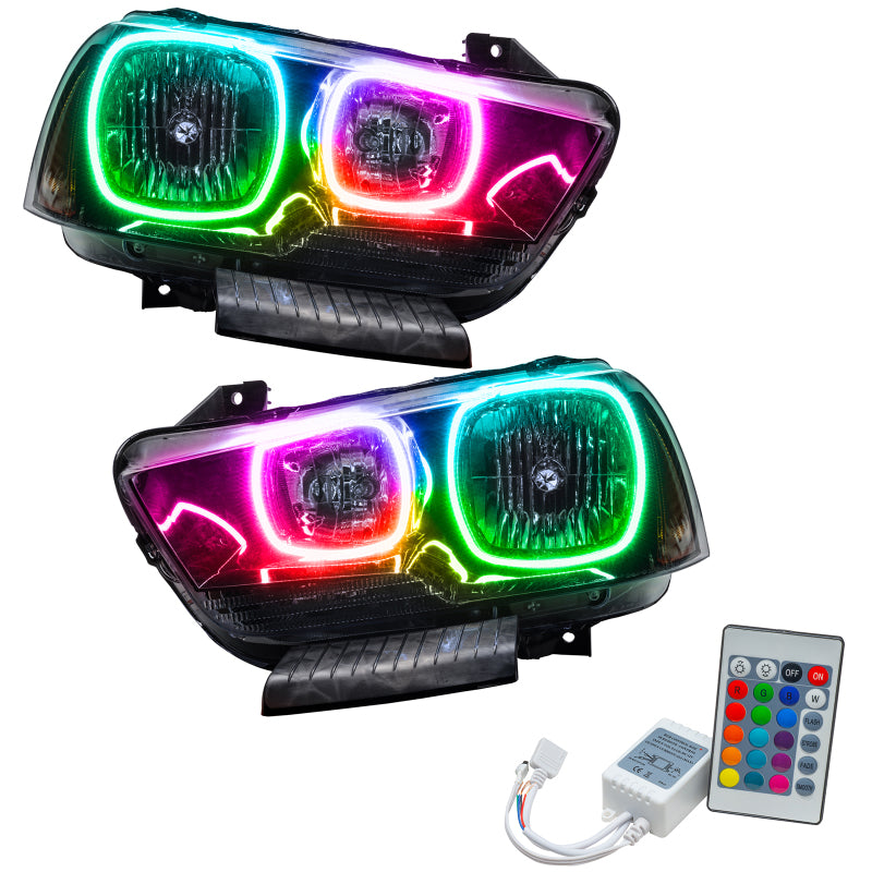 Oracle 11-14 Dodge Charger SMD headlights with ColorSHIFT technology, showcasing Chrome and Black housing options.