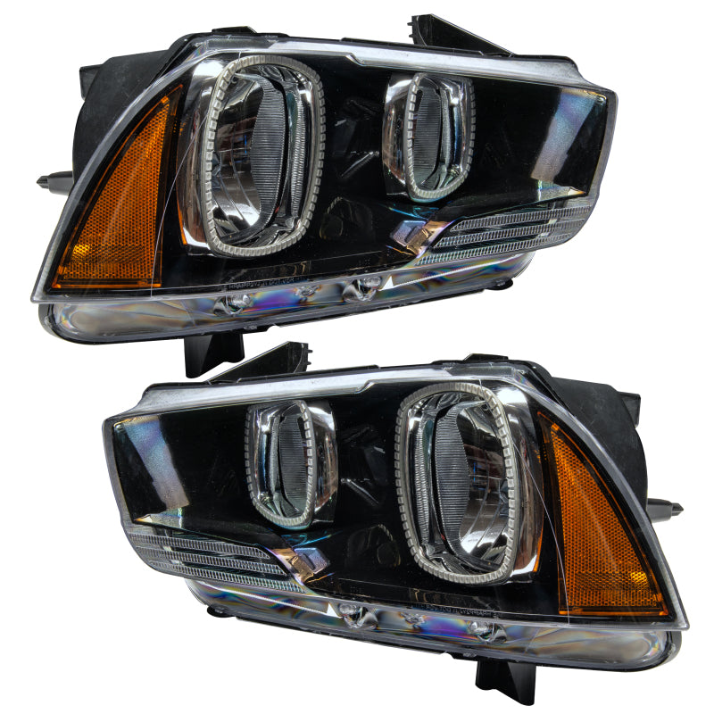 Oracle 11-14 Dodge Charger SMD headlights with white halo rings, featuring Chrome and Black housing options.