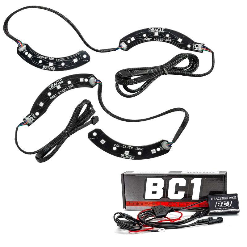 Oracle 14-15 Chevy Camaro RS Headlight DRL Upgrade Kit featuring ColorSHIFT Halo rings with Bluetooth controller.