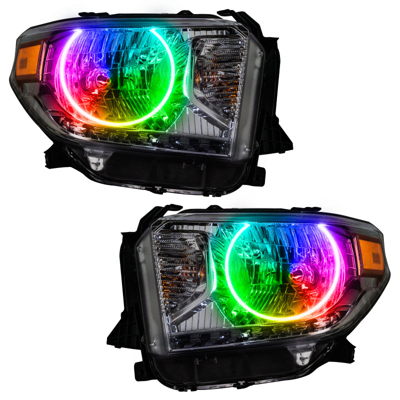 Oracle 14-17 Toyota Tundra SMD headlights with ColorSHIFT technology, featuring Chrome or Black housing and installed halo rings.