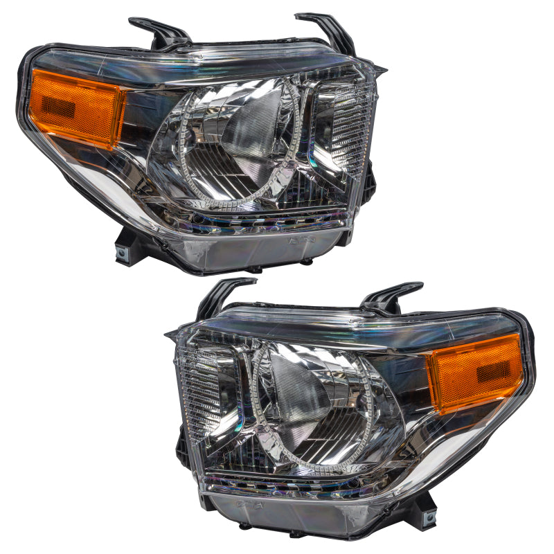 Oracle 14-17 Toyota Tundra SMD headlights with ColorSHIFT technology, featuring Chrome or Black housing and installed halo rings.