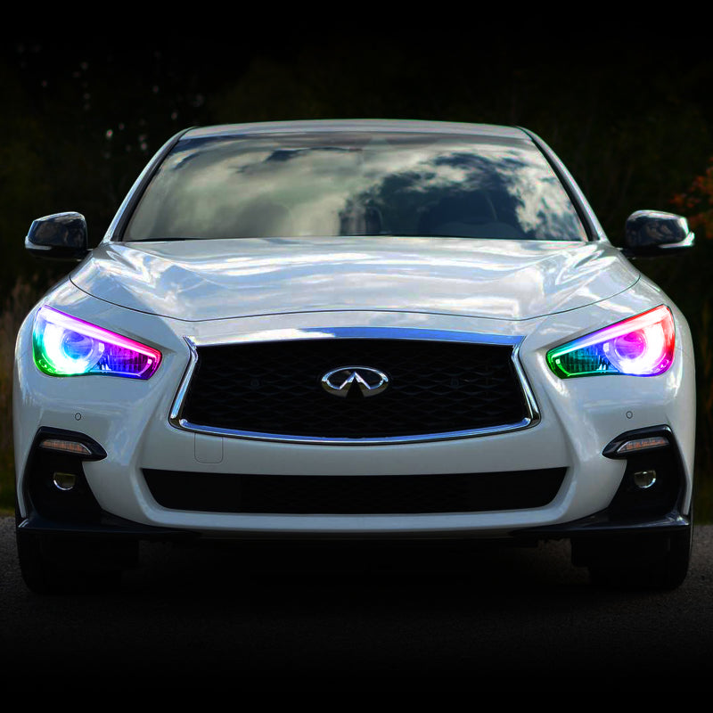 Oracle 14-21 Infiniti Q50 RGB+W Headlight Halo Upgrade Kit showcasing vibrant color options and sleek design.