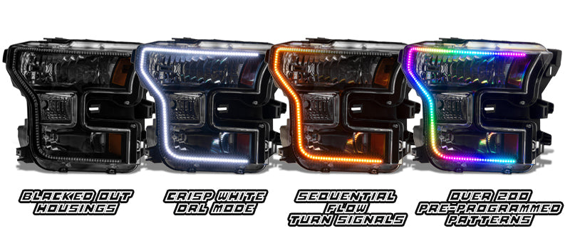 Oracle Dynamic RGB+A Pre-Assembled Headlights for 2015-2017 Ford F-150, featuring blacked-out housings and vibrant LED technology.