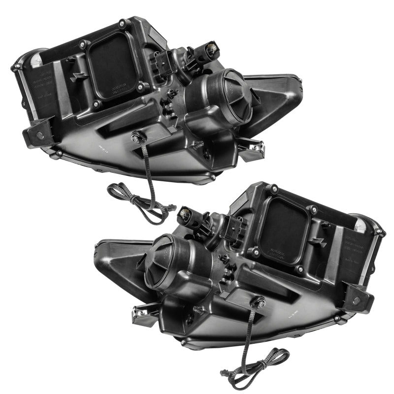 Oracle Dynamic RGB+A headlights for 2015-2017 Ford Mustang with blacked-out housing and colorful LED features.