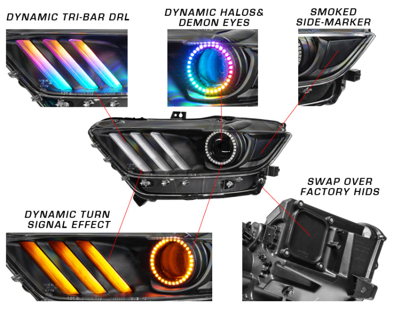 Oracle Dynamic RGB+A headlights for 2015-2017 Ford Mustang with blacked-out housing and colorful LED features.