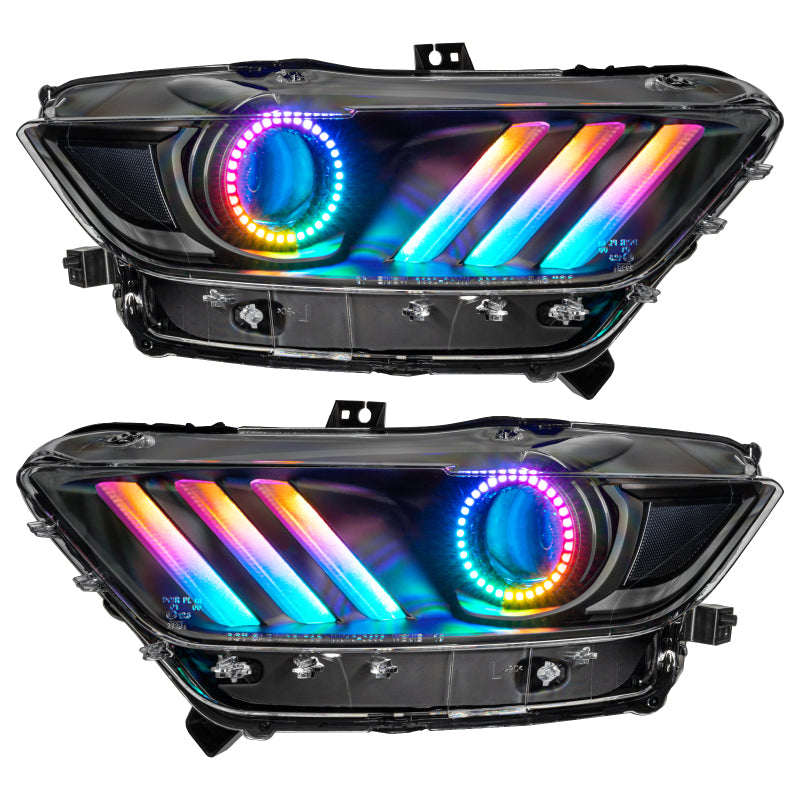 Oracle Dynamic RGB+A headlights for 2015-2017 Ford Mustang with blacked-out housing and colorful LED features.
