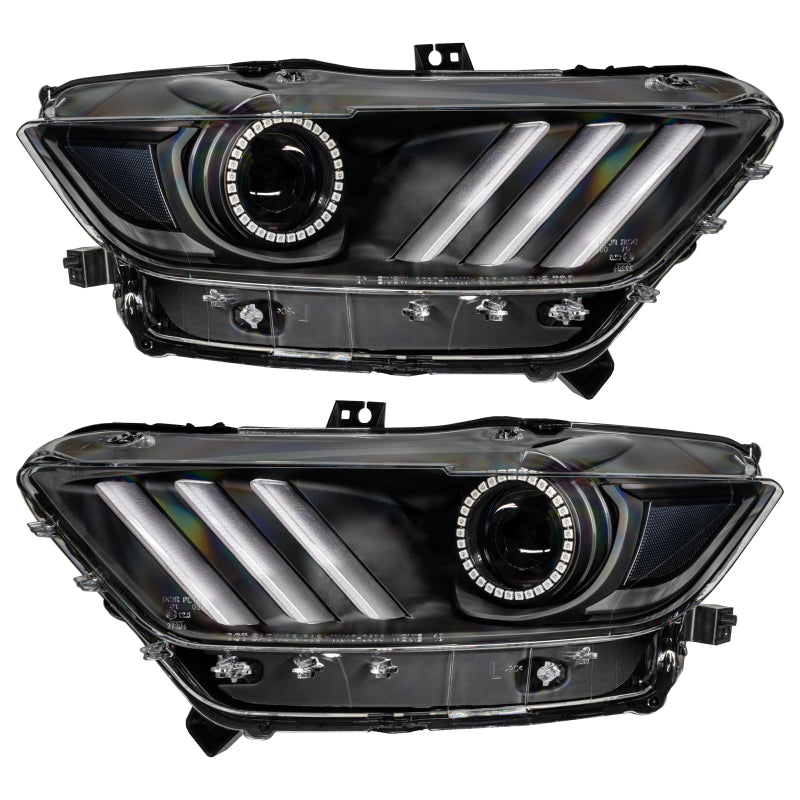 Oracle Dynamic RGB+A headlights for 2015-2017 Ford Mustang with blacked-out housing and colorful LED features.
