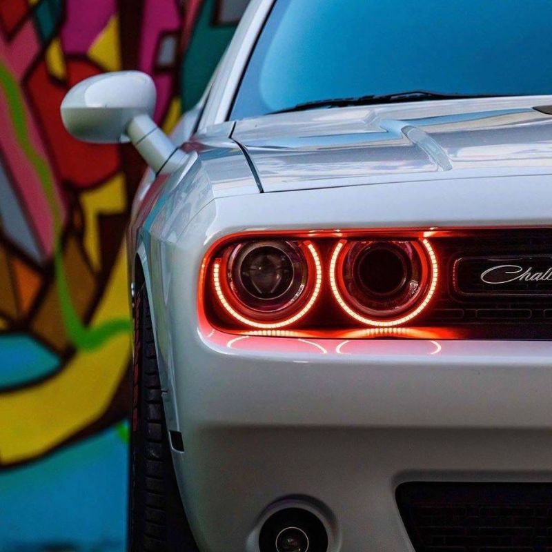 Oracle 15-21 Dodge Challenger LED Waterproof Halo Kit in Red, showcasing the vibrant halos designed for easy installation and durability.