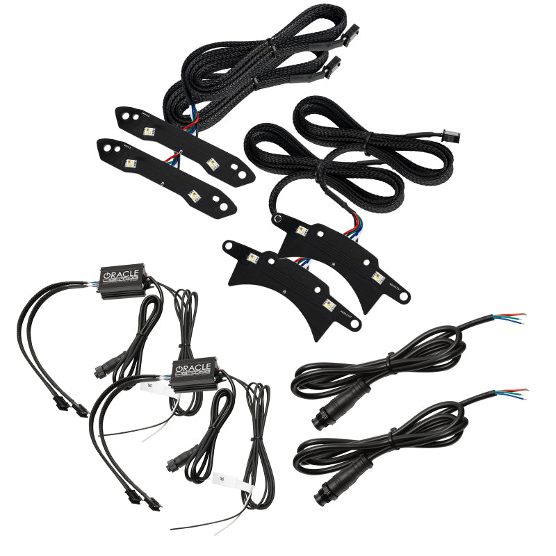 Oracle RGB+W Headlight DRL Upgrade Kit for Dodge Challenger, showcasing vibrant RGB halo lights and Amber LEDs.