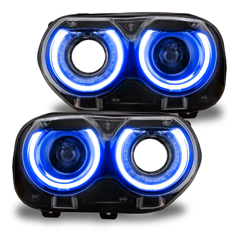 Oracle RGB+W Headlight DRL Upgrade Kit for Dodge Challenger, showcasing vibrant RGB halo lights and Amber LEDs.