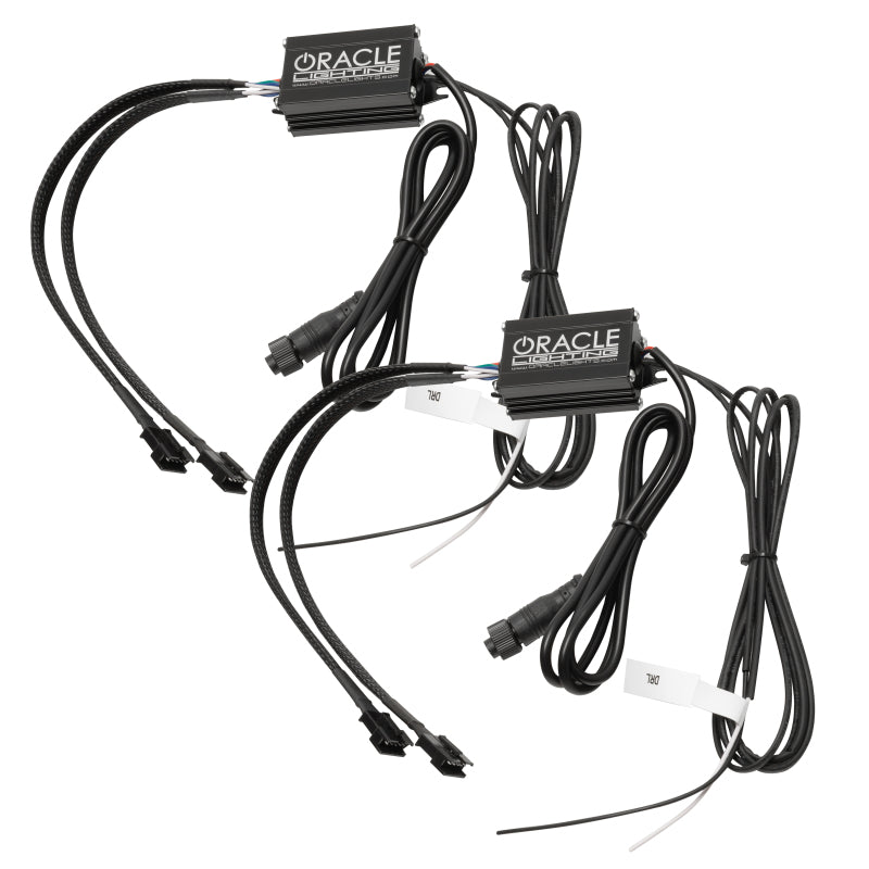 Oracle RGB+W Headlight DRL Upgrade Kit for Dodge Challenger, showcasing vibrant RGB halo lights and Amber LEDs.