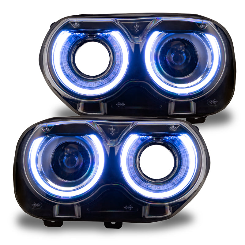 Oracle RGB+W Headlight DRL Upgrade Kit for Dodge Challenger, showcasing vibrant RGB halo lights and Amber LEDs.