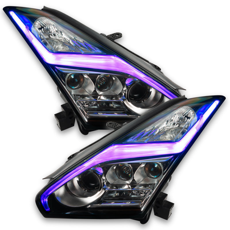 Oracle RGB+W headlight DRL upgrade for Nissan GT-R, showcasing vibrant color-changing features and true white light.
