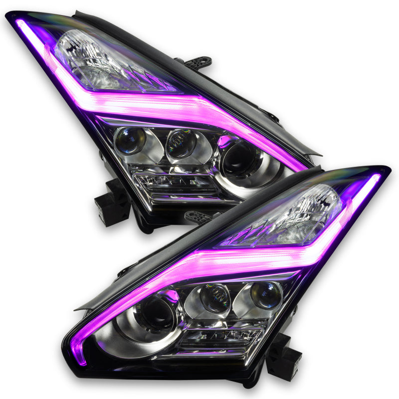 Oracle RGB+W headlight DRL upgrade for Nissan GT-R, showcasing vibrant color-changing features and true white light.