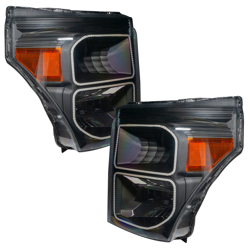 Oracle 11-16 Ford F250/350 LED headlights in black with ColorSHIFT technology, showcasing vibrant colors and sleek design.