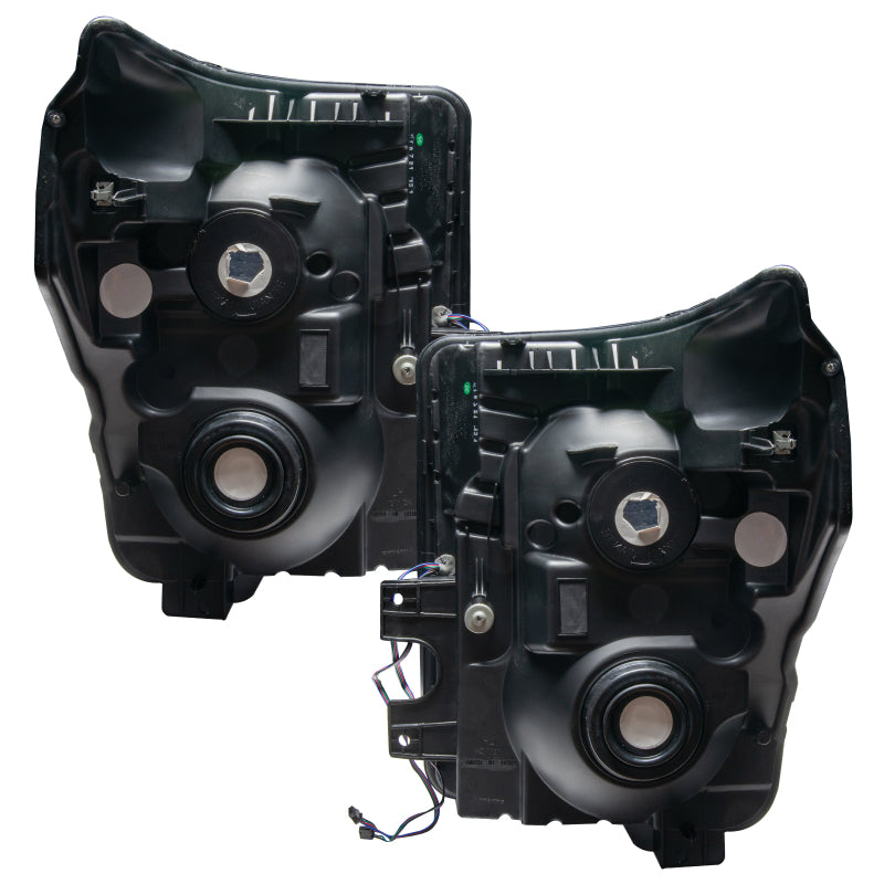 Oracle 11-16 Ford F250/350 LED headlights in black with ColorSHIFT technology, showcasing vibrant colors and sleek design.