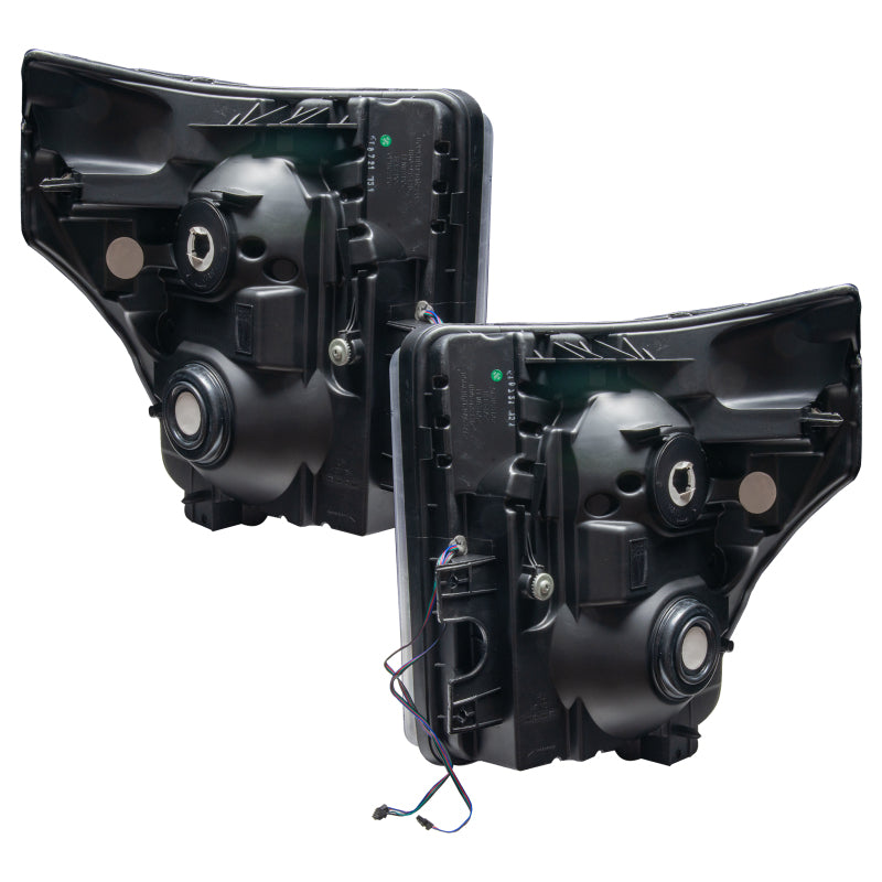 Oracle 11-16 Ford F250/350 LED headlights in black with ColorSHIFT technology, showcasing vibrant colors and sleek design.