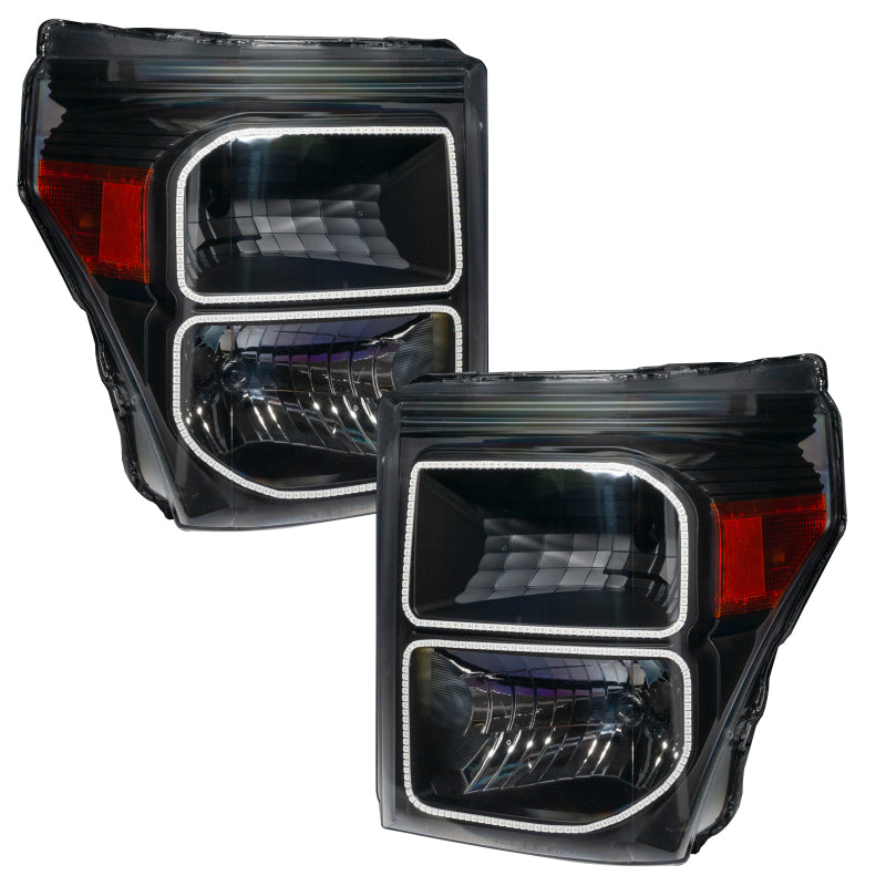 Oracle 11-16 Ford F250/350 LED headlights in black with ColorSHIFT technology, showcasing vibrant colors and sleek design.
