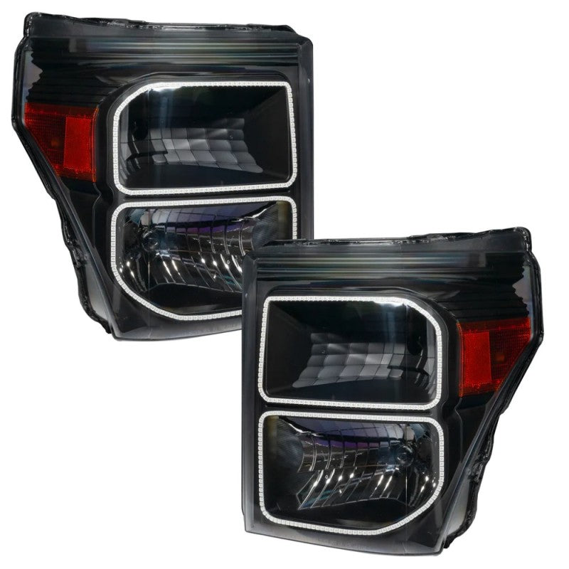 Oracle 11-16 Ford F250/350 LED headlights in black with ColorSHIFT technology, showcasing vibrant colors and sleek design.