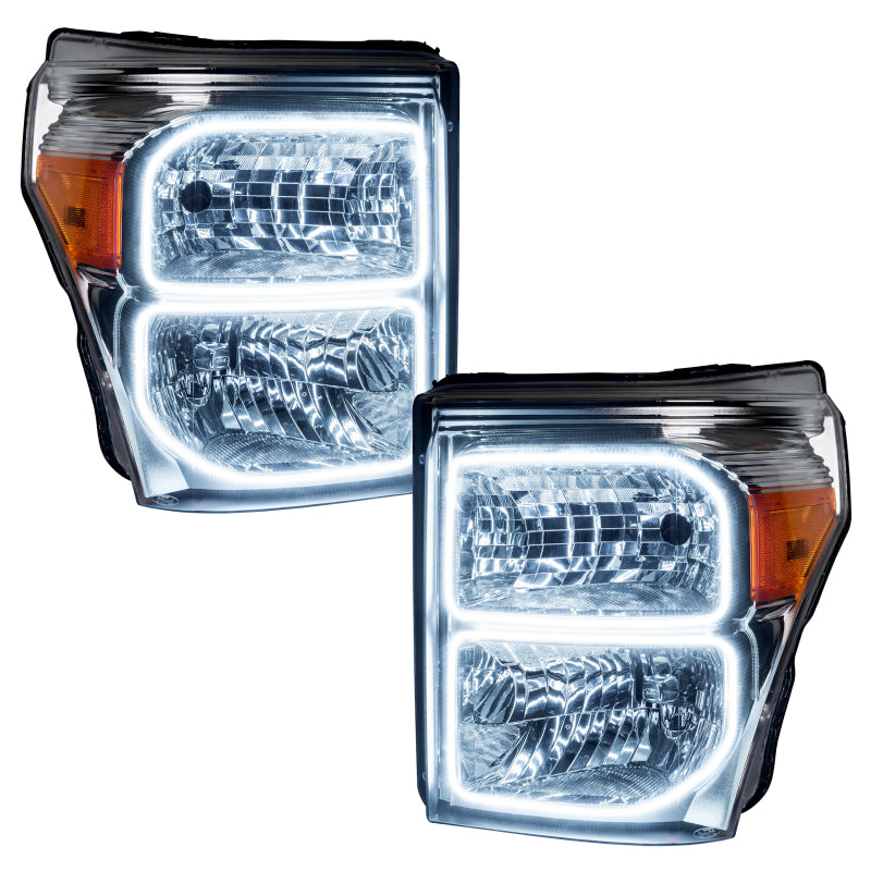 Oracle 11-16 Ford F250/350 LED headlights with ColorSHIFT halo rings in Chrome housing, pre-assembled for easy installation.
