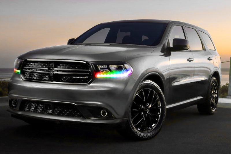 Oracle Dynamic RGB Headlight DRL Upgrade Kit for 2016-2020 Dodge Durango, showcasing vibrant color patterns and smartphone control features.