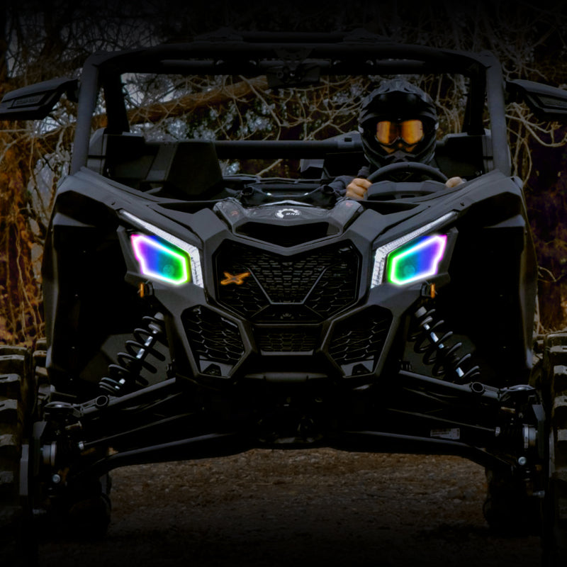 Oracle 17-21 Can-Am Maverick X3 Dynamic RGB+W Headlight Halo Kit showcasing vibrant LED colors and sleek design.