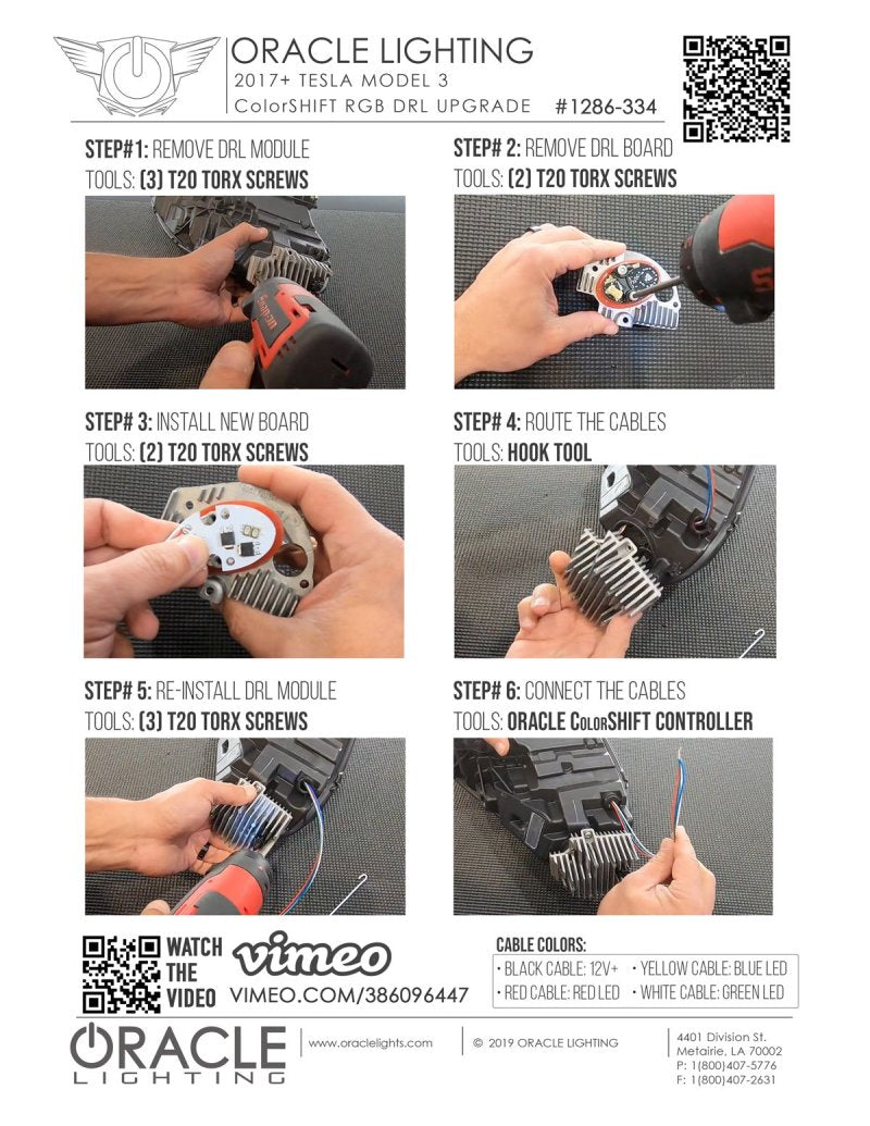 Oracle ColorSHIFT DRL Upgrade Kit for Tesla Model 3, showcasing vibrant LED lights and circuit board design.