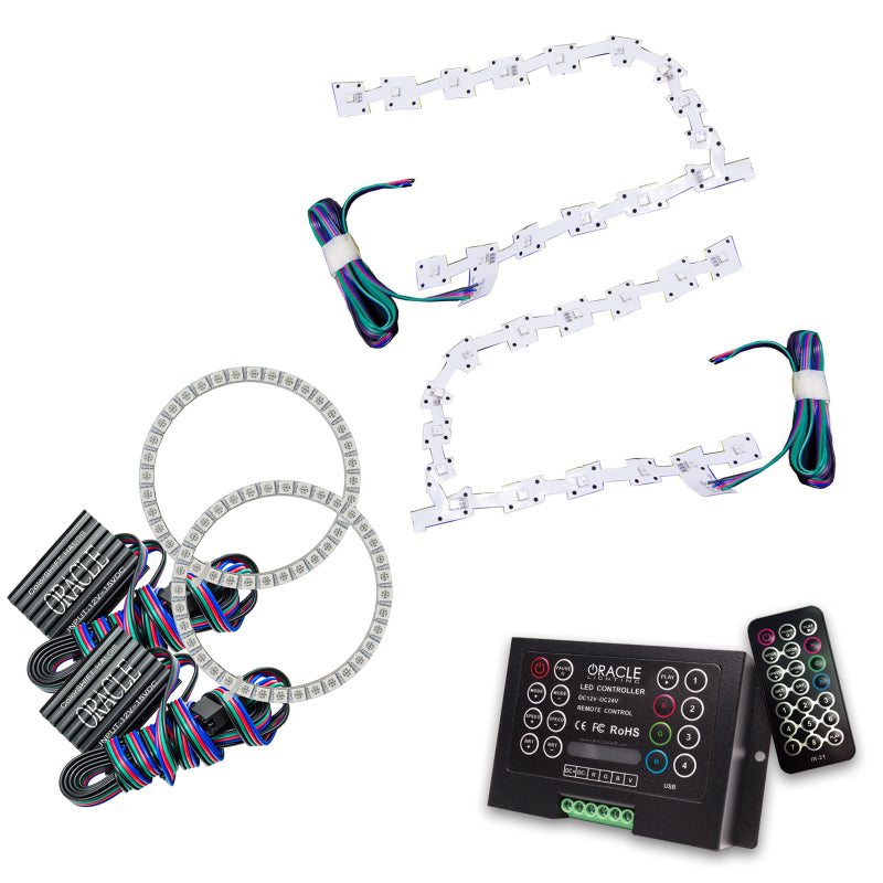 Oracle 11-19 Chrysler 300C DRL Upgrade with ColorSHIFT Halo Kit showcasing vibrant LED rings in various colors.