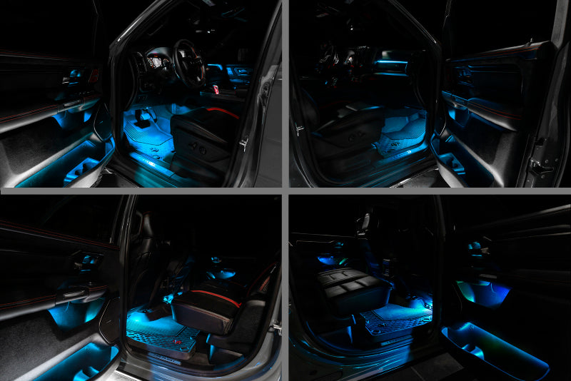 Oracle 19-22 RAM Complete Interior Ambient Lighting ColorSHIFT RGB Kit showcasing vibrant LED lights and smartphone control features.