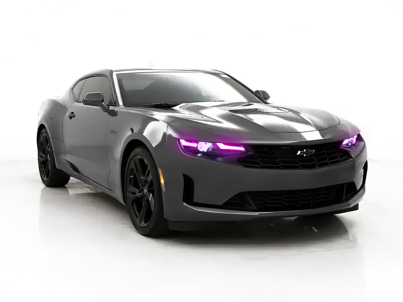 Oracle RGB+A Headlight DRL Upgrade Kit for 2019-2021 Chevy Camaro LS/LT, showcasing color-changing LED lights and turn signal functionality.