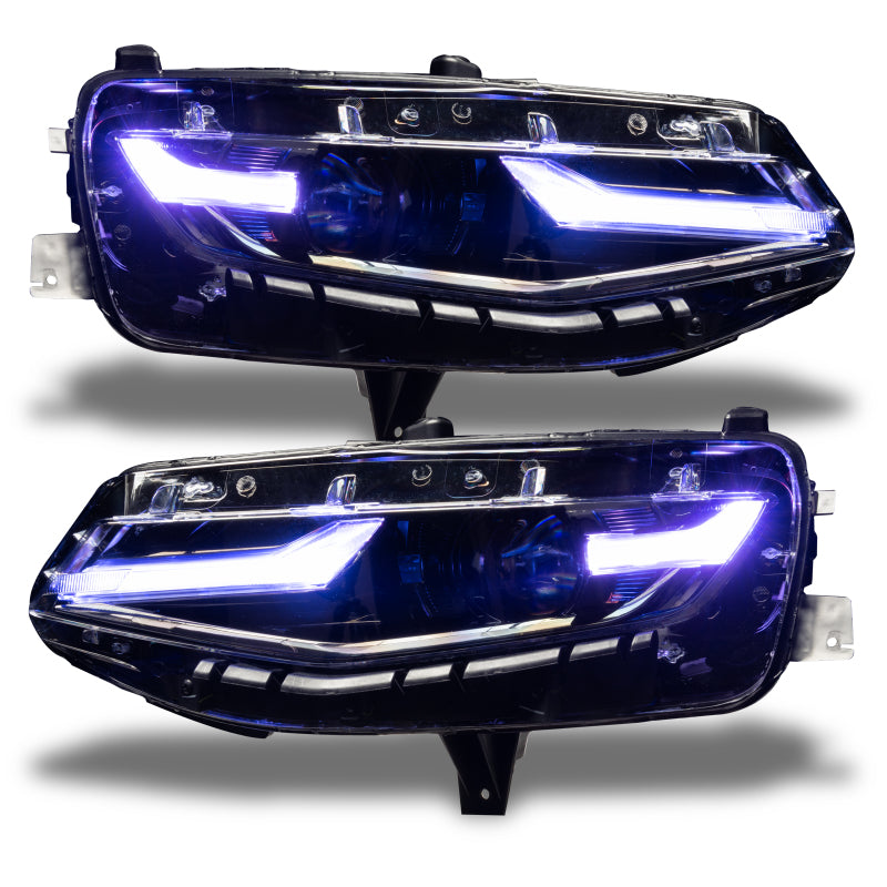 Oracle RGB+A Headlight DRL Upgrade Kit for 2019-2021 Chevy Camaro LS/LT, showcasing color-changing LED lights and turn signal functionality.