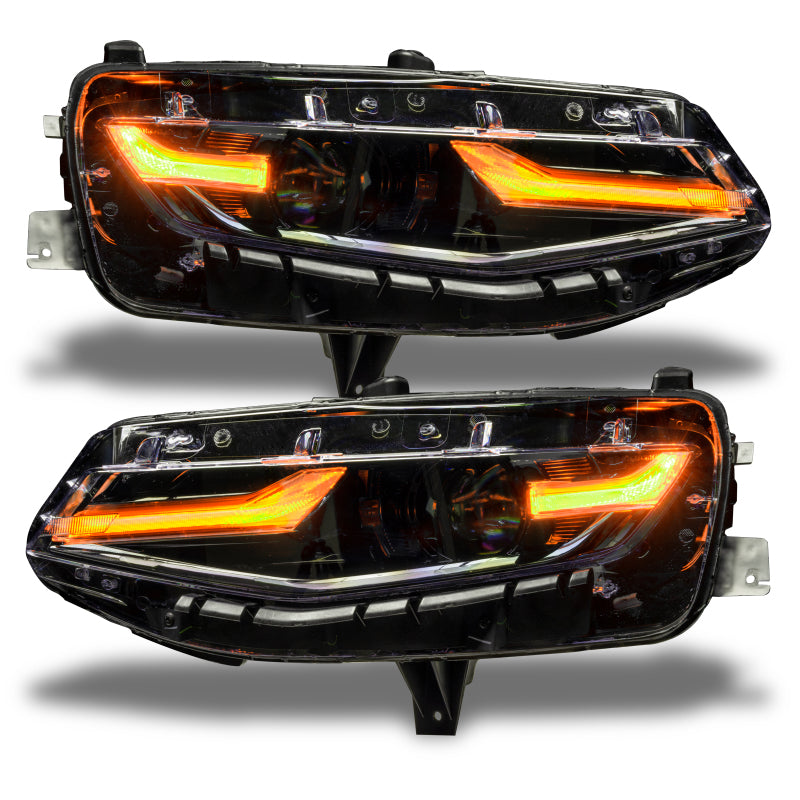Oracle RGB+A Headlight DRL Upgrade Kit for 2019-2021 Chevy Camaro LS/LT, showcasing color-changing LED lights and turn signal functionality.