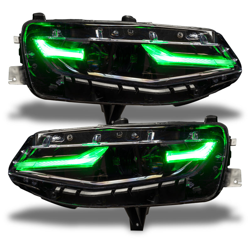 Oracle RGB+A Headlight DRL Upgrade Kit for 2019-2021 Chevy Camaro LS/LT, showcasing color-changing LED lights and turn signal functionality.