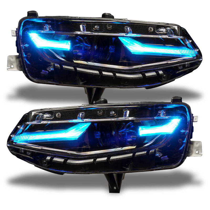Oracle RGB+A Headlight DRL Upgrade Kit for 2019-2021 Chevy Camaro LS/LT, showcasing color-changing LED lights and turn signal functionality.