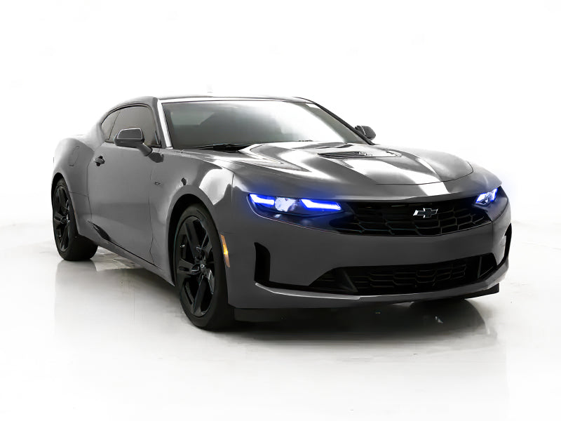Oracle RGB+A Headlight DRL Upgrade Kit for 2019-2021 Chevy Camaro LS/LT, showcasing color-changing LED lights and turn signal functionality.