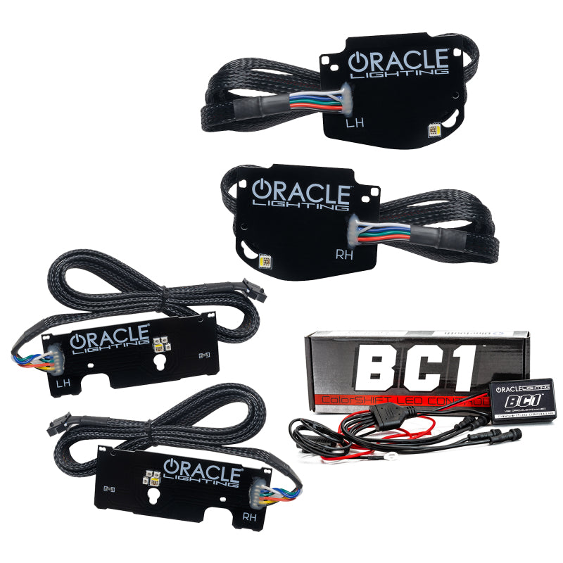 Oracle RGBW+A Headlight DRL Upgrade Kit for 2019-2021 Chevy Camaro SS/RS, showcasing vibrant color-changing circuit boards.