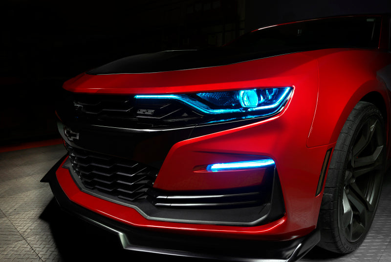 Oracle RGBW+A Headlight DRL Upgrade Kit for 2019-2021 Chevy Camaro SS/RS, showcasing vibrant color-changing circuit boards.