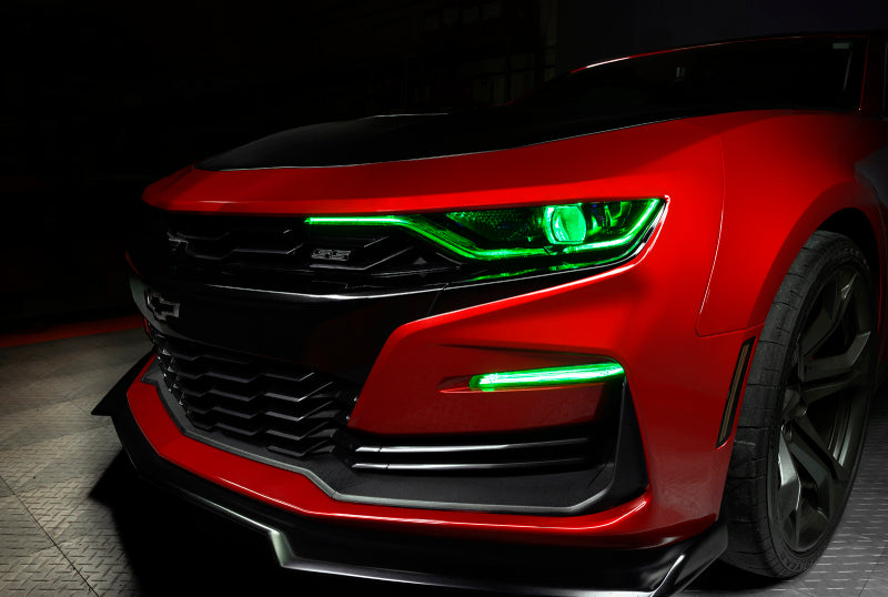 Oracle RGBW+A Headlight DRL Upgrade Kit for 2019-21 Chevy Camaro SS/RS, showcasing vibrant color-changing circuit boards.