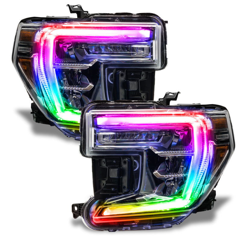 Oracle RGB+W Headlight DRL Upgrade Kit for GMC Sierra 1500, showcasing vibrant color-changing lights and sleek design.