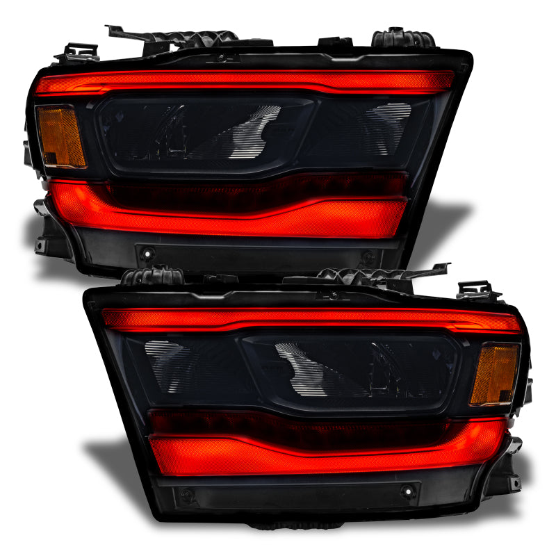 Oracle RGB+W Headlight DRL Upgrade Kit for RAM 1500, showcasing vibrant color-changing LEDs and true white DRL functionality.