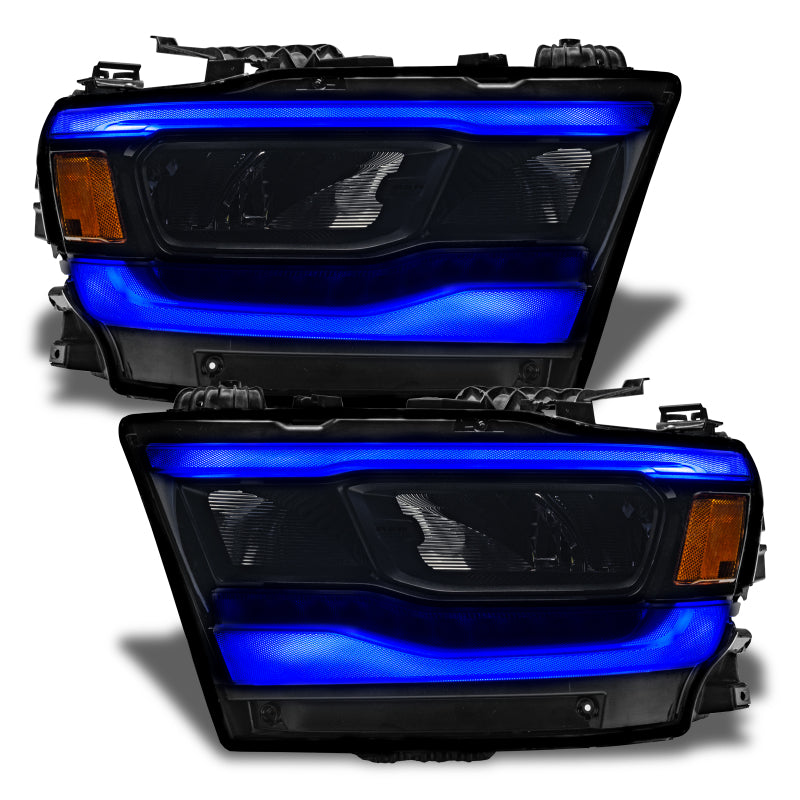 Oracle RGB+W Headlight DRL Upgrade Kit for RAM 1500, showcasing vibrant color-changing LEDs and true white DRL functionality.