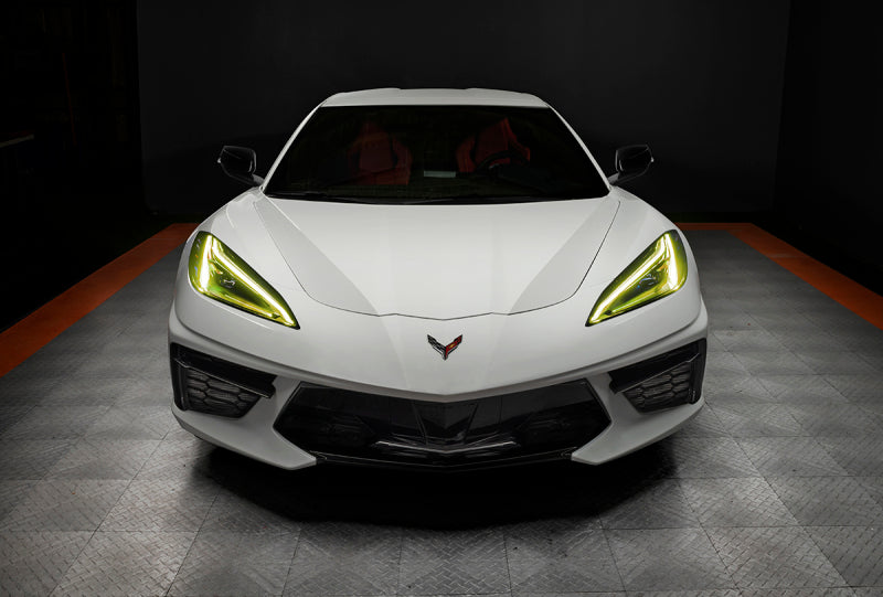 Oracle RGB+A Headlight DRL Upgrade Kit for 2020-2021 Chevy Corvette C8, showcasing color-changing LED technology.