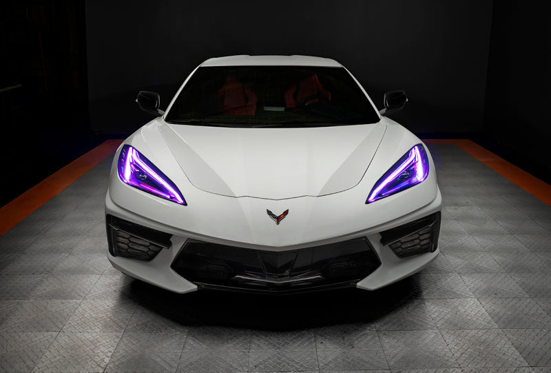 Oracle RGB+A Headlight DRL Upgrade Kit for 2020-2021 Chevy Corvette C8, showcasing color-changing LED technology.