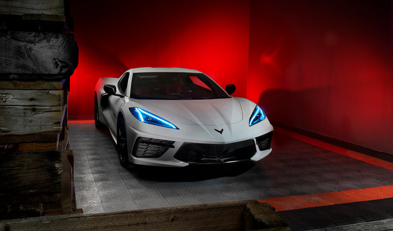 Oracle RGB+A Headlight DRL Upgrade Kit for 2020-2021 Chevy Corvette C8, showcasing color-changing LED technology.