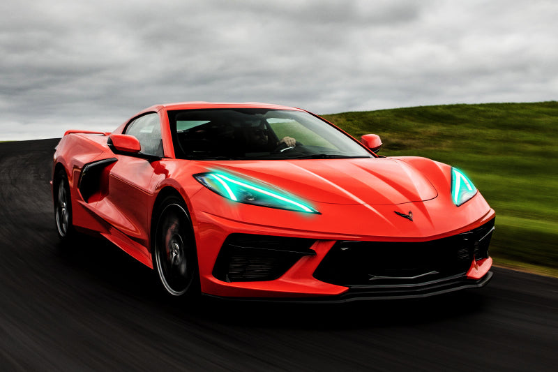 Oracle RGB+A Headlight DRL Upgrade Kit for 2020-2021 Chevy Corvette C8, showcasing color-changing LED technology.