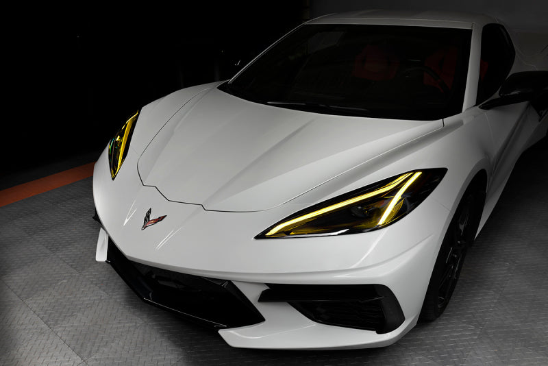 Oracle RGB+A Headlight DRL Upgrade Kit for 2020-2021 Chevy Corvette C8, showcasing color-changing LED technology.