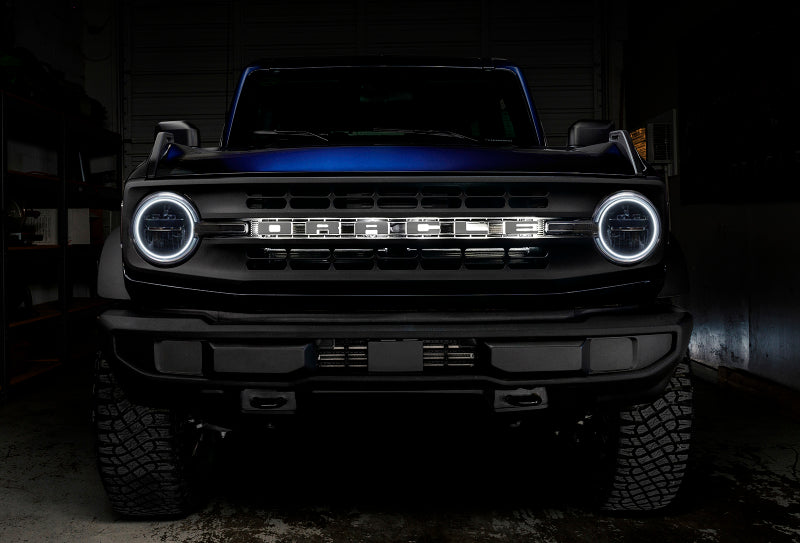 Oracle 2021 Ford Bronco Base Headlight LED Halo Kit showcasing bright white halo lights installed on a Ford Bronco.