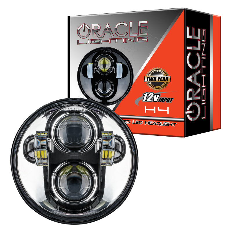 Oracle 5.75in 40W Replacement LED Headlight with chrome finish, showcasing its rugged design and polycarbonate housing.