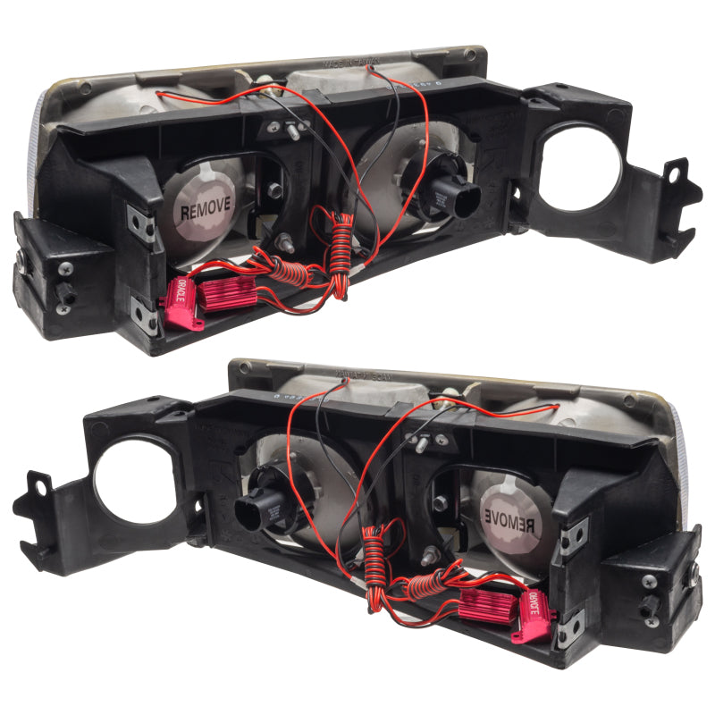 Oracle 78-96 Chevy Caprice SMD headlights with ColorSHIFT technology, featuring pre-installed halo rings in Chrome housing.