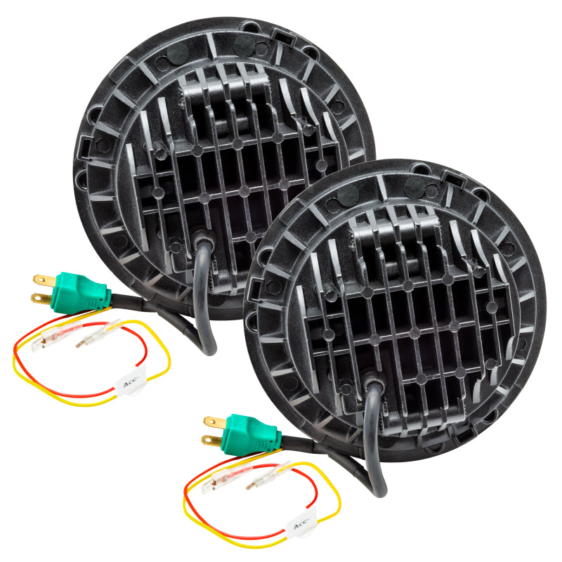 Oracle 7in High Powered LED Headlights with Black Bezel and Amber accents, showcasing rugged design and advanced lighting technology.